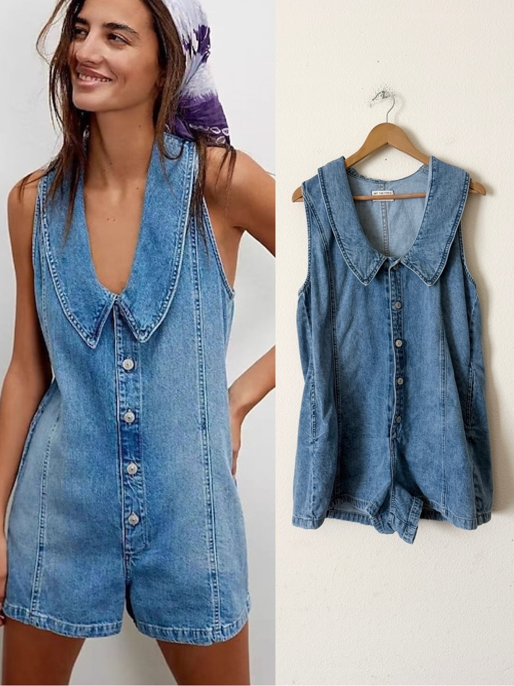 We The Free People LARGE Dover blue denim collared neck playsuit